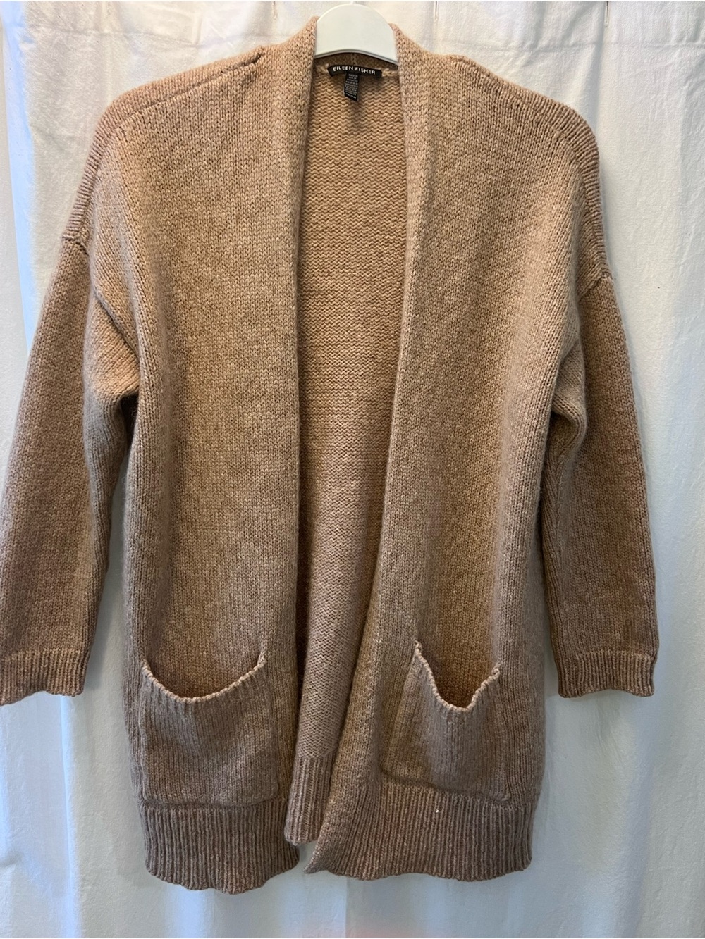 Eileen Fisher XL Chunky Knit Open Cardigan Oatmeal Tan Pockets